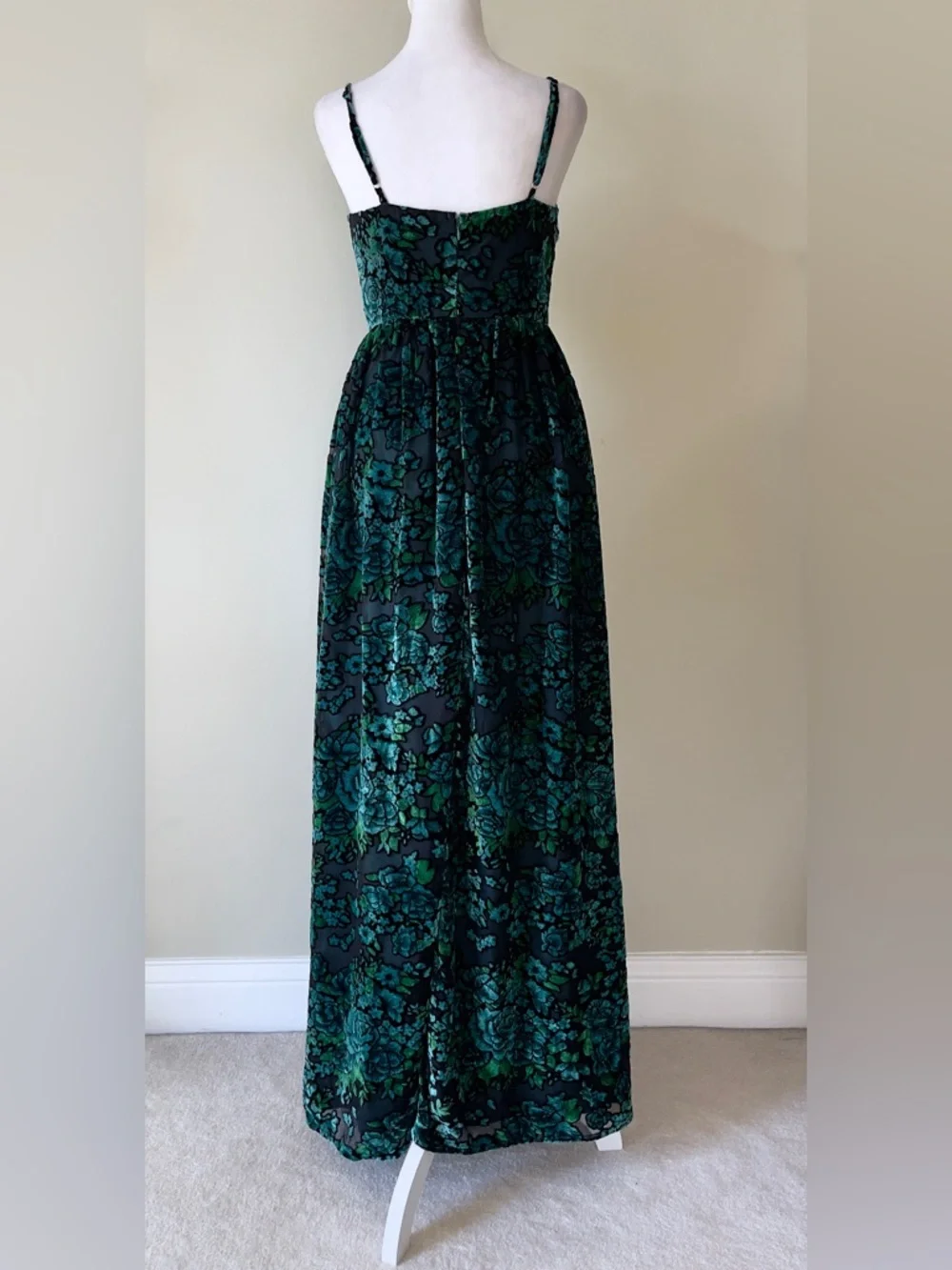 Lulus Minka Emerald Green Floral Velvet Burnout Spaghetti Straps Maxi Dress NWOT - Picture 8 of 11